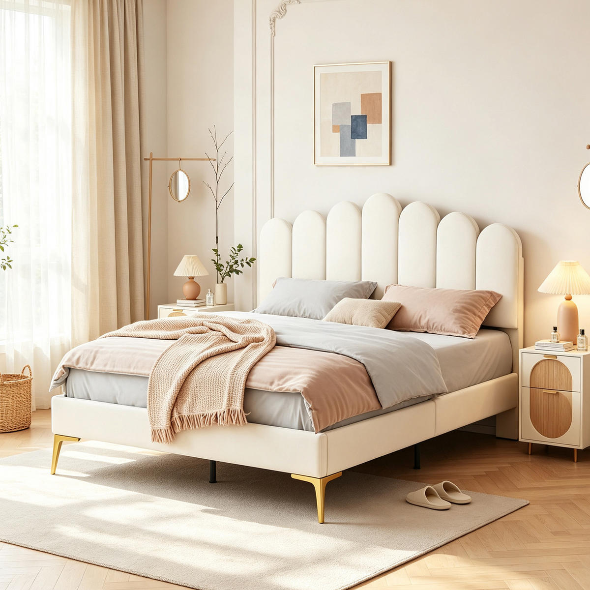 POLSTERBETT 140x200, Samt, höhenverstellbares Kopfteil, Metall-Lattenrost, beige - Beige, Holz/Metall (140/200cm) - GENKI LIVING