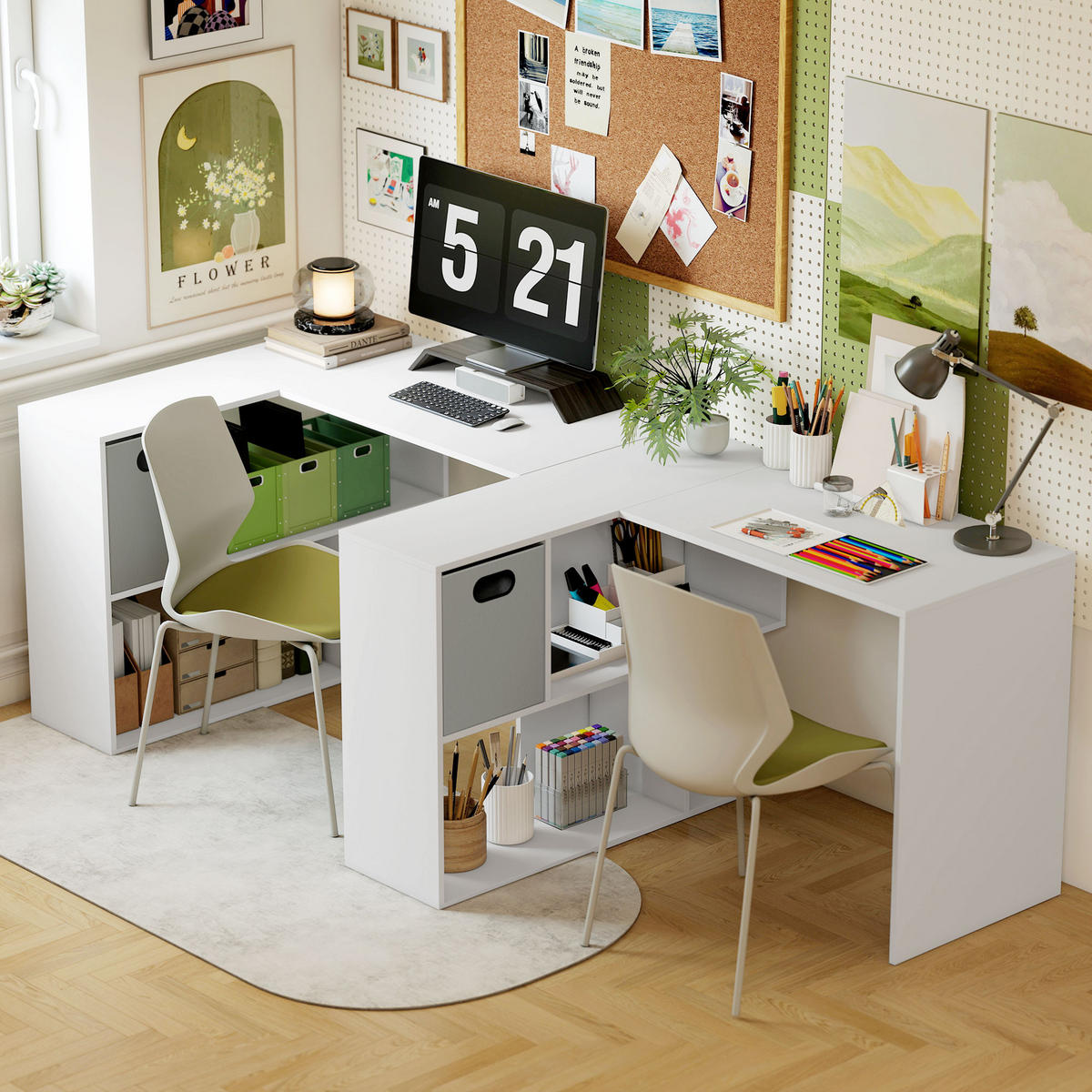 SCHREIBTISCH DE-14936 L-Form mit Stoffschublade & offenen Fächern Weiß - Weiß, Holzwerkstoff (110/100/75cm) - ComfortXL