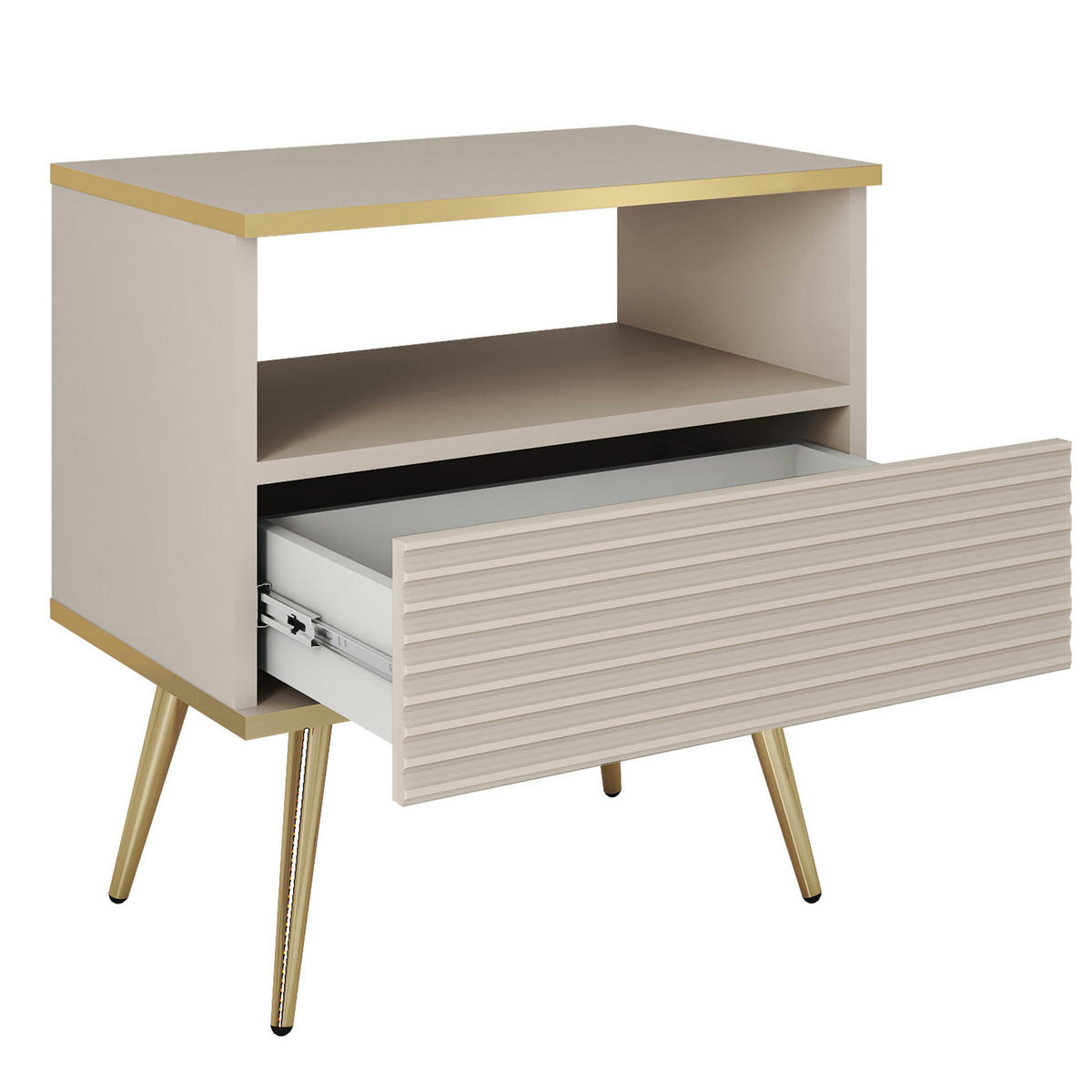 NACHTTISCH BANFF STO2-1S Goldene Metallbeine, geriffelte Fronten, Schwarz - Schwarz, Holzwerkstoff/Kunststoff (54/59/39cm) - Komodee