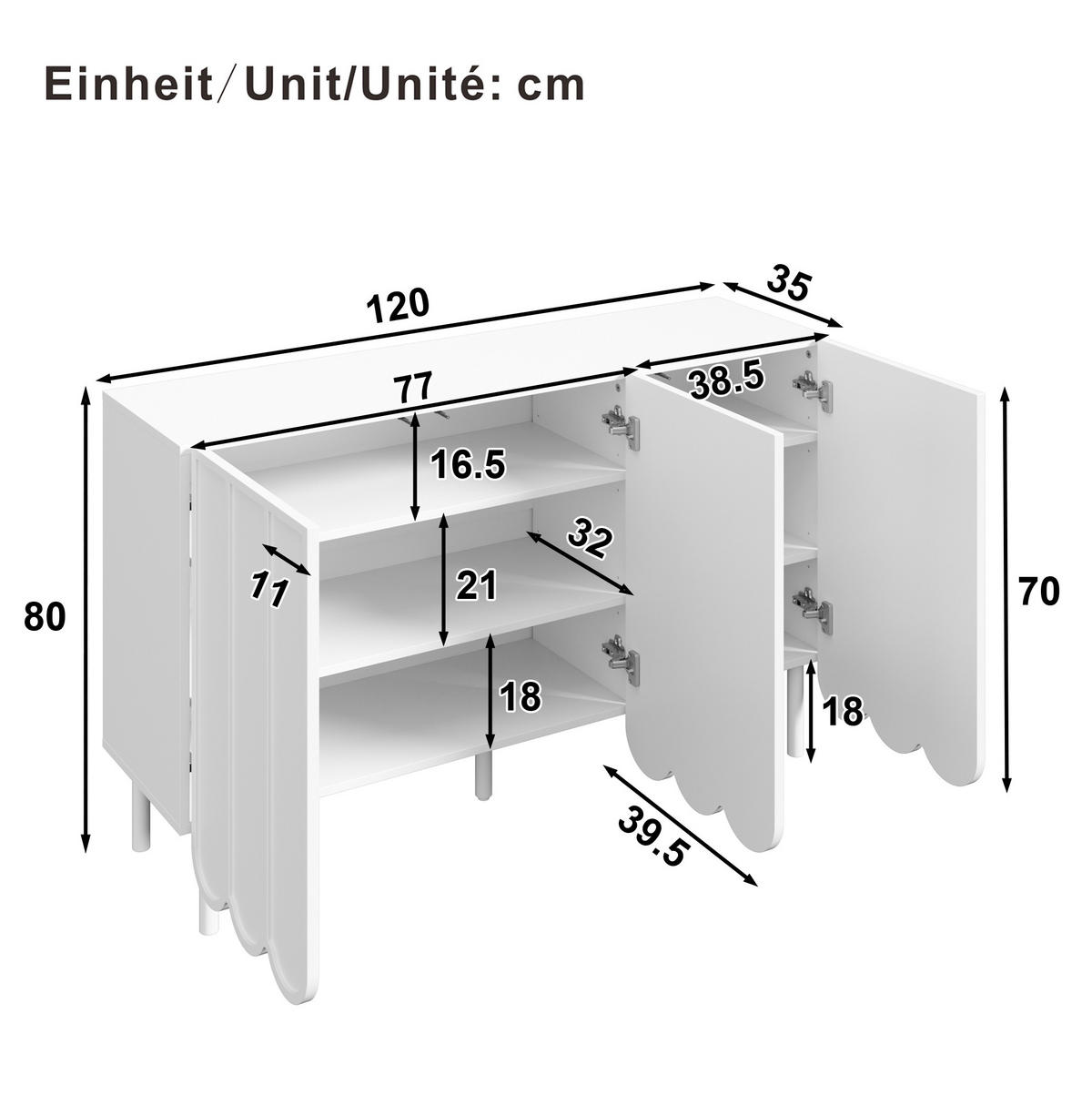 SIDEBOARD aus MDF 120x35x80 cm Weiß mit Wellentüren, Rebound-Öffnung und verstellbaren Böden - Weiß, Holzwerkstoff (120/80/35cm) - IVMEU