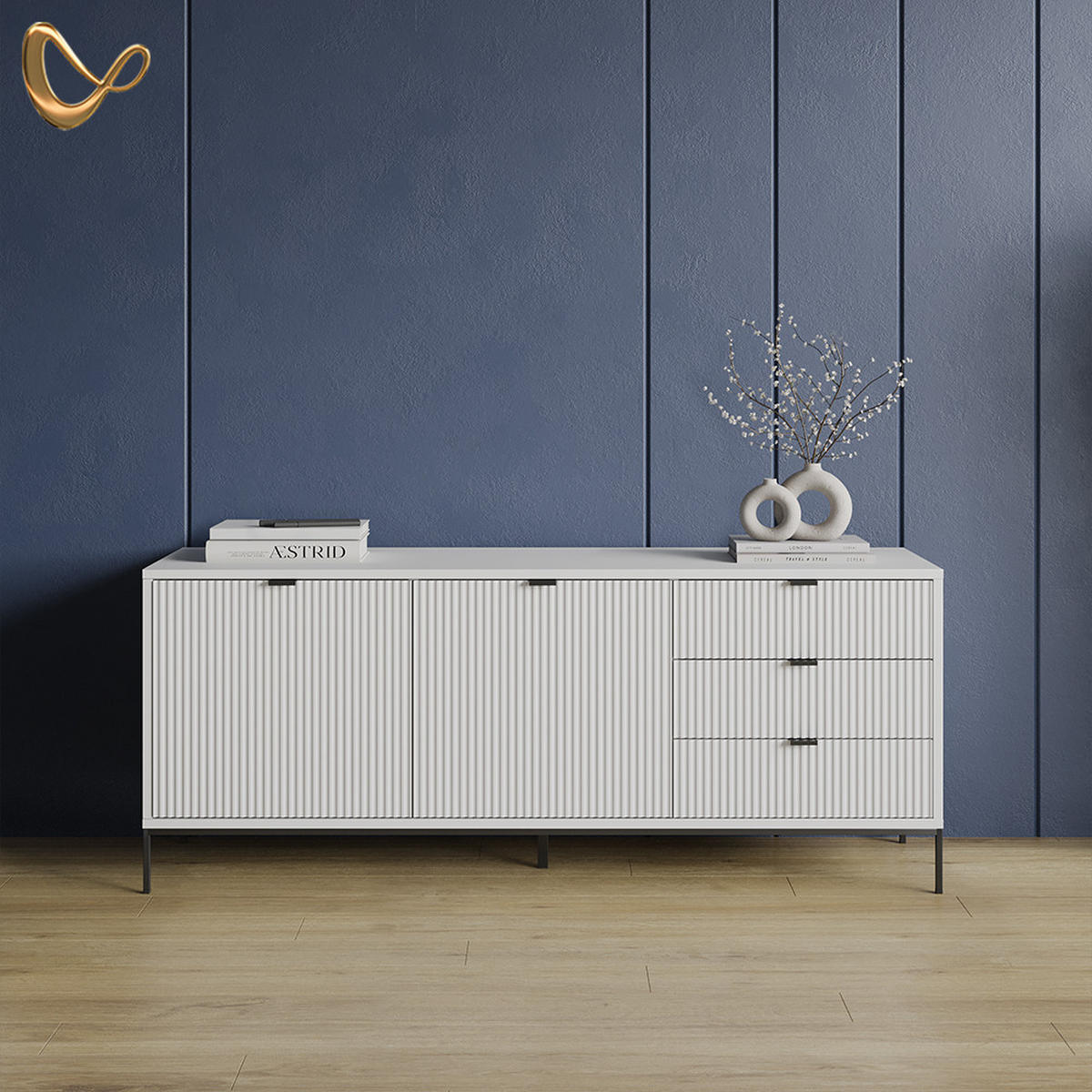 LOWBOARD Aterno Weiß 150 x 60 cm mit 3 Schubladen, 2 Türen - Weiß, Holzwerkstoff (150/60/42cm) - Livinity®