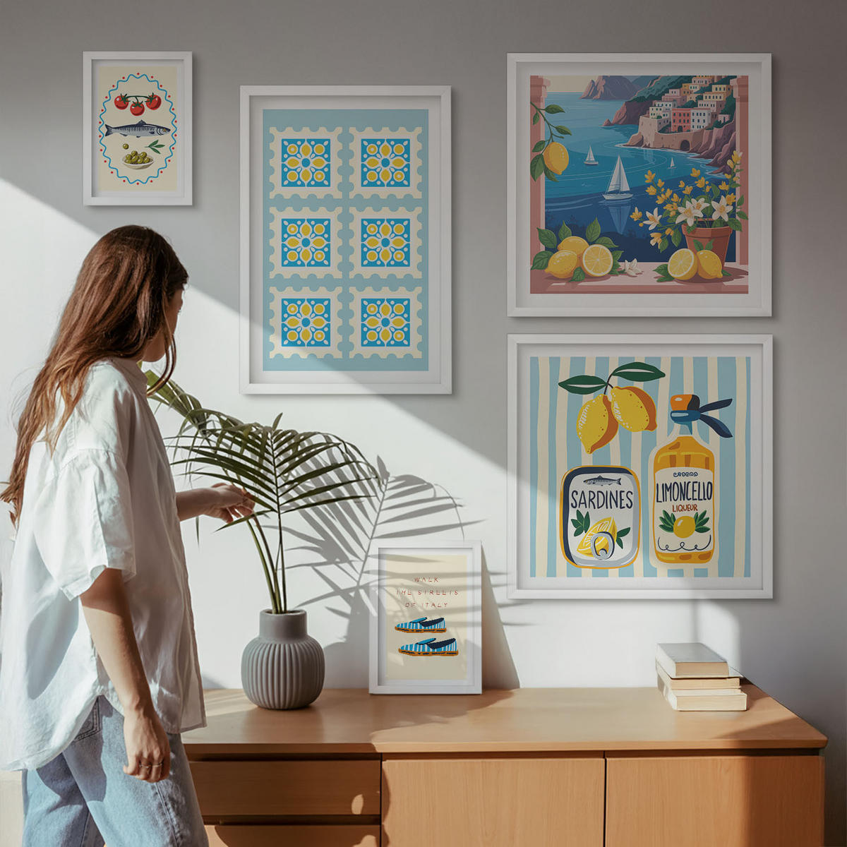 BILDER SET 5er Set - 50x50 cm & 20x30 cm & 40x60 cm Weißer Rahmen - Illustrationen der mediterranen Küche - Weiß, Kunststoff (40/60cm) - TULUP