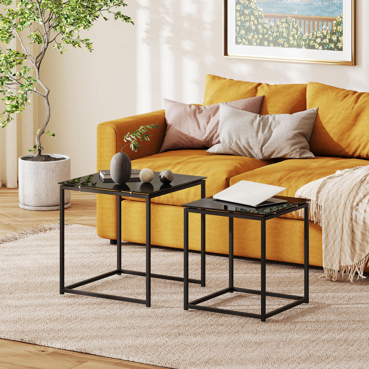 BEISTELLTISCH-SET, Stahl, Glas, Schwarz - Schwarz, Metall (50/50/52cm) - HOMCOM