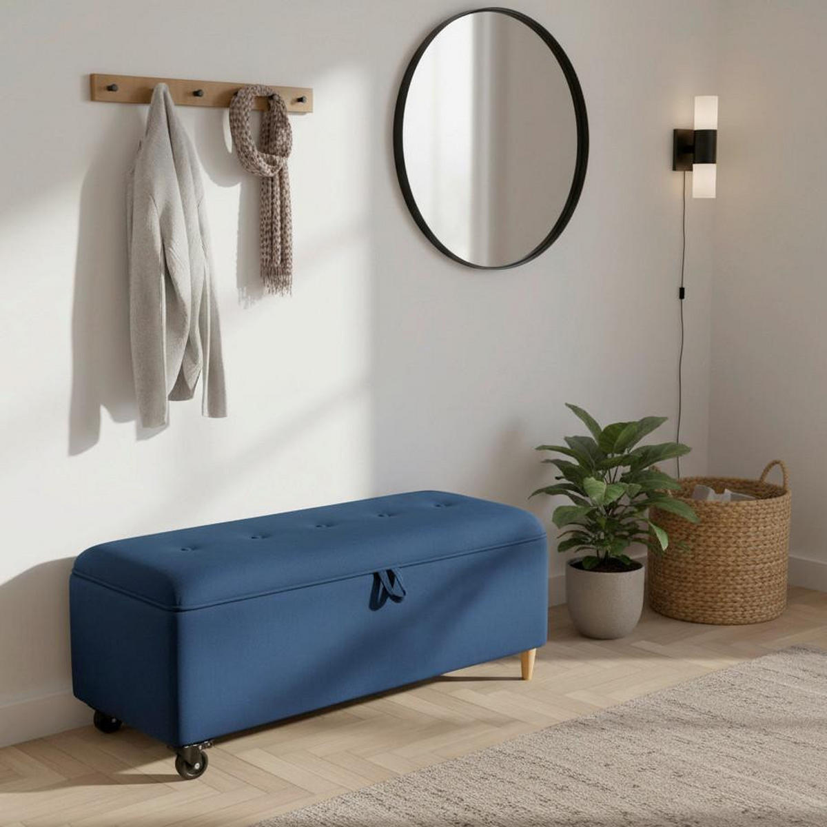 HOCKERBANK Ella Blau Samt Gepolstert mit Staurraum - Blau, Holz (124/48/43cm) - Bessagi Home