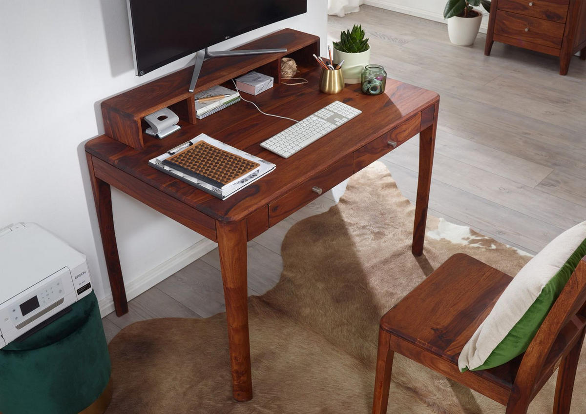 SCHREIBTISCH Sheesham 112x71x85 walnuss geölt BROOKLYN #05 - Dunkelbraun, Holz (71/112/85cm) - Massivmoebel24