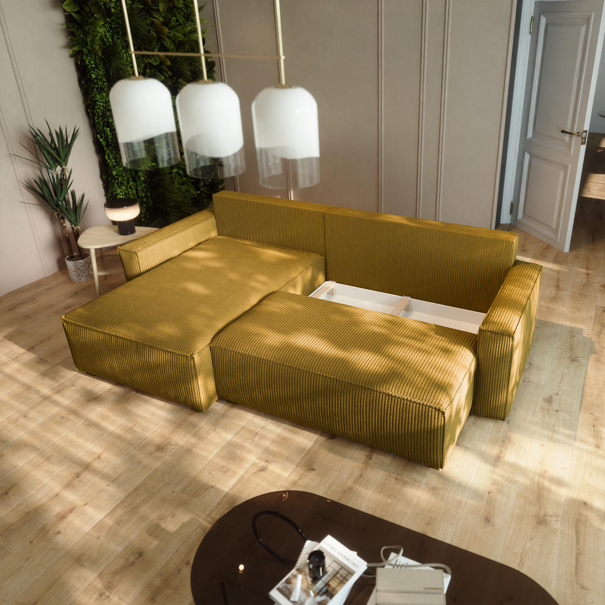 ECKSOFA BESMIR Gelb Kordstoff mit Schlaffunktion - Gelb, Holz (275/148cm) - MASSENO