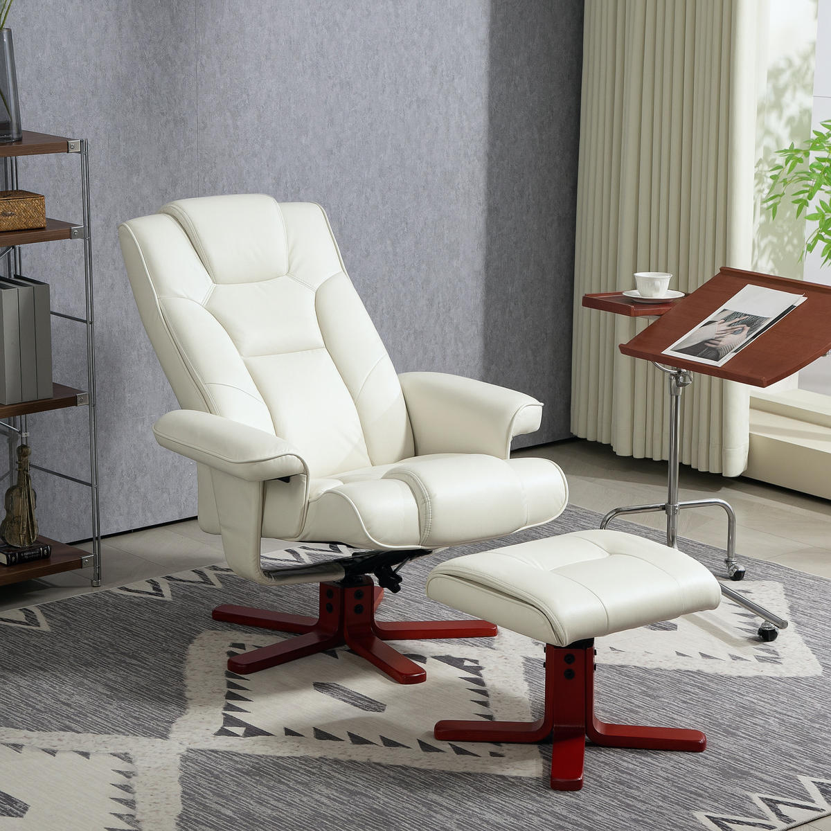 RELAXSESSEL mit Hocker, Fernsehsessel mit Liegefunktion, Wippfunktion, Cremeweiß - Creme/Dunkelrot, Leder/Holz (84/104/84cm) - HOMCOM