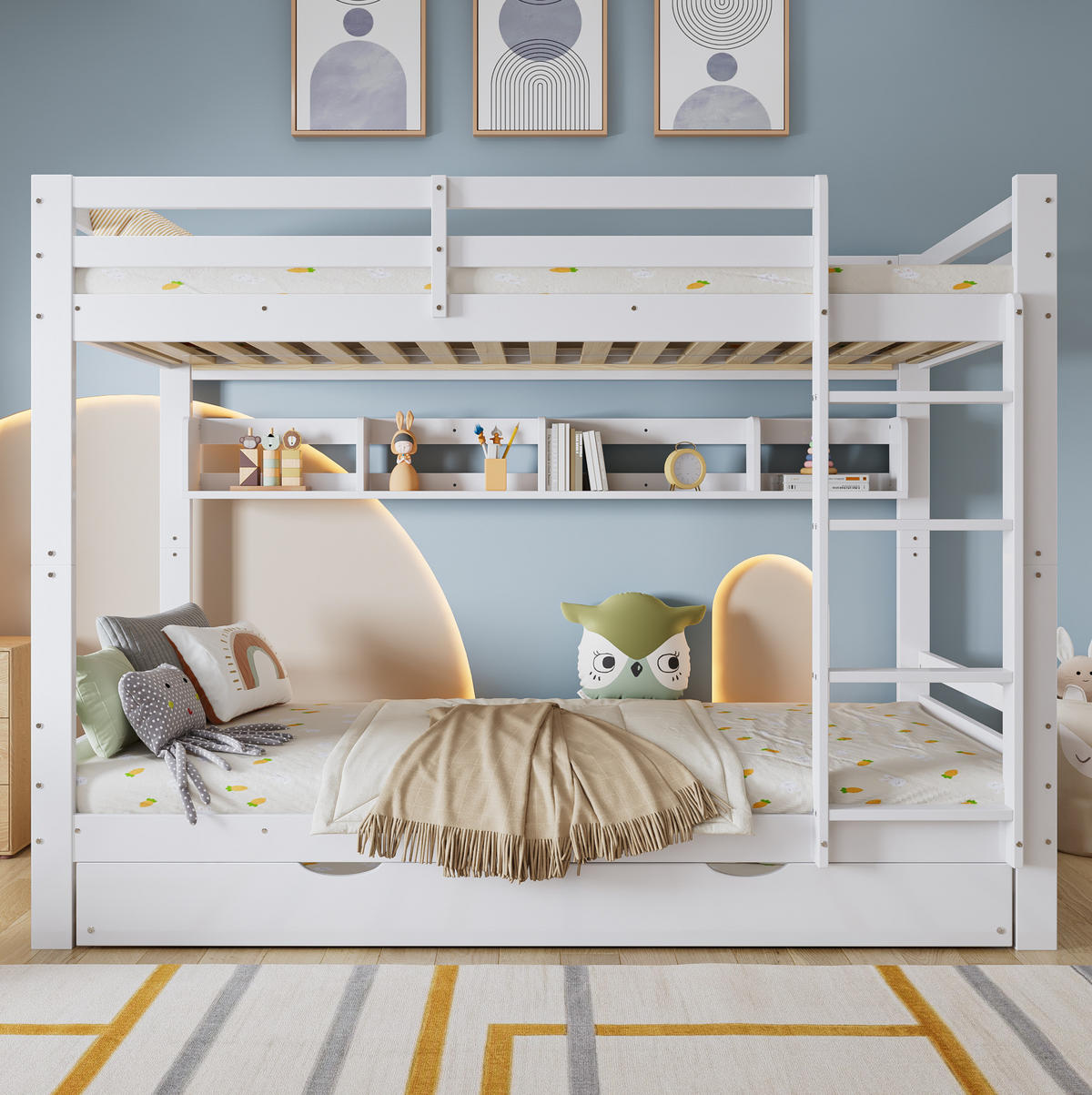 ETAGENBETT mit ausziehbarem Bett, Regalfach und 4-stufiger Leiter, Weiß, 90/200 cm - Weiß, Holz (90/200cm) - MIVRAY