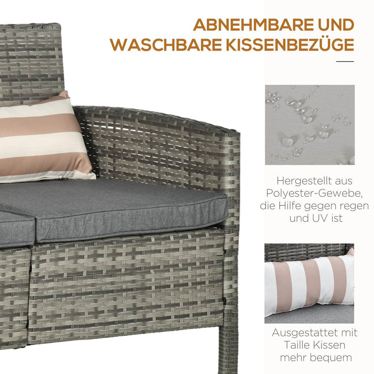 RATTAN Sofa mit Kissen, Dreisitzer, Garten Loungesofa, Stahl, Grau - Grau, Metall (68/78/173cm) - Outsunny