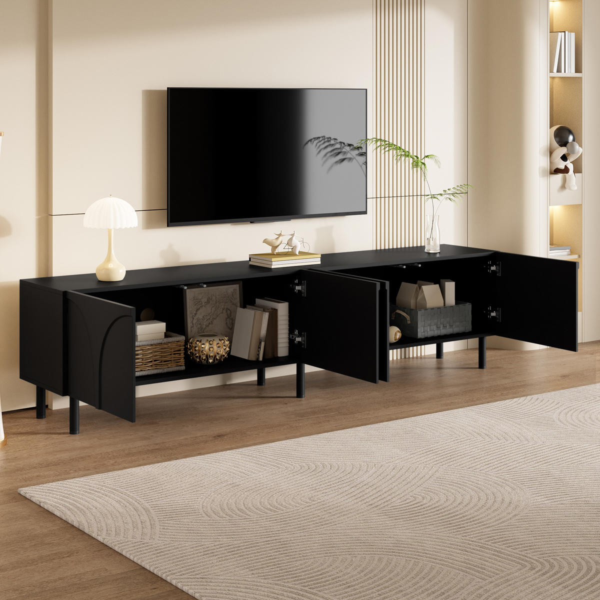 LOWBOARD in Schwarz TV-Schrank mit Metallfüße, 180 L x 35 B x 49H(cm), für Wohnzimmer - Schwarz, Holzwerkstoff/Metall (180/49/35cm) - STILVORA