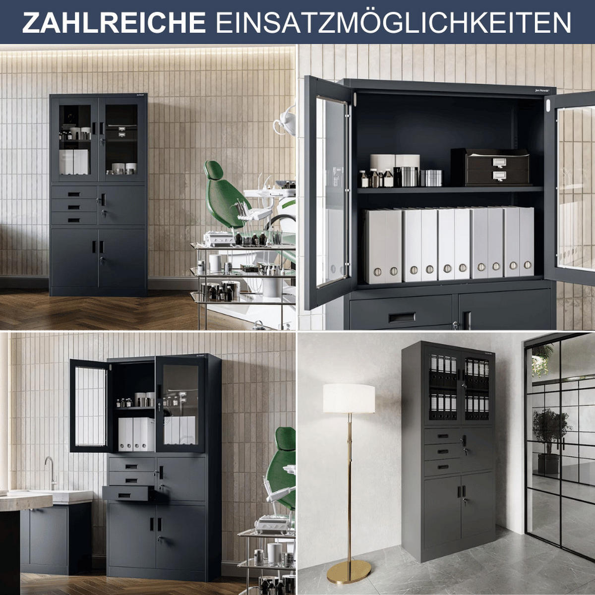VITRINENSCHRANK abschließbar GEDO mit Tresor 185x90x40cm Anthrazit - Anthrazit, Metall (90/185/40cm) - DELUKE