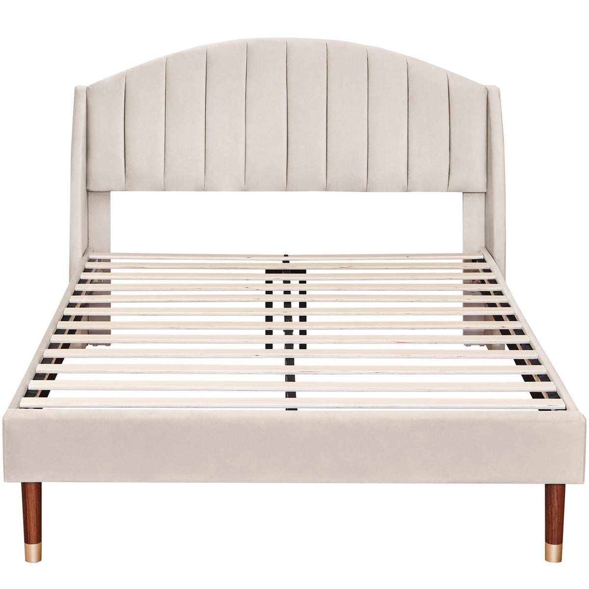 ČALOUNĚNÁ postel 140/190 cm béžová ze sametu s roštem a vysokým čelem - béžová, textil (140/190cm) - OKWISH