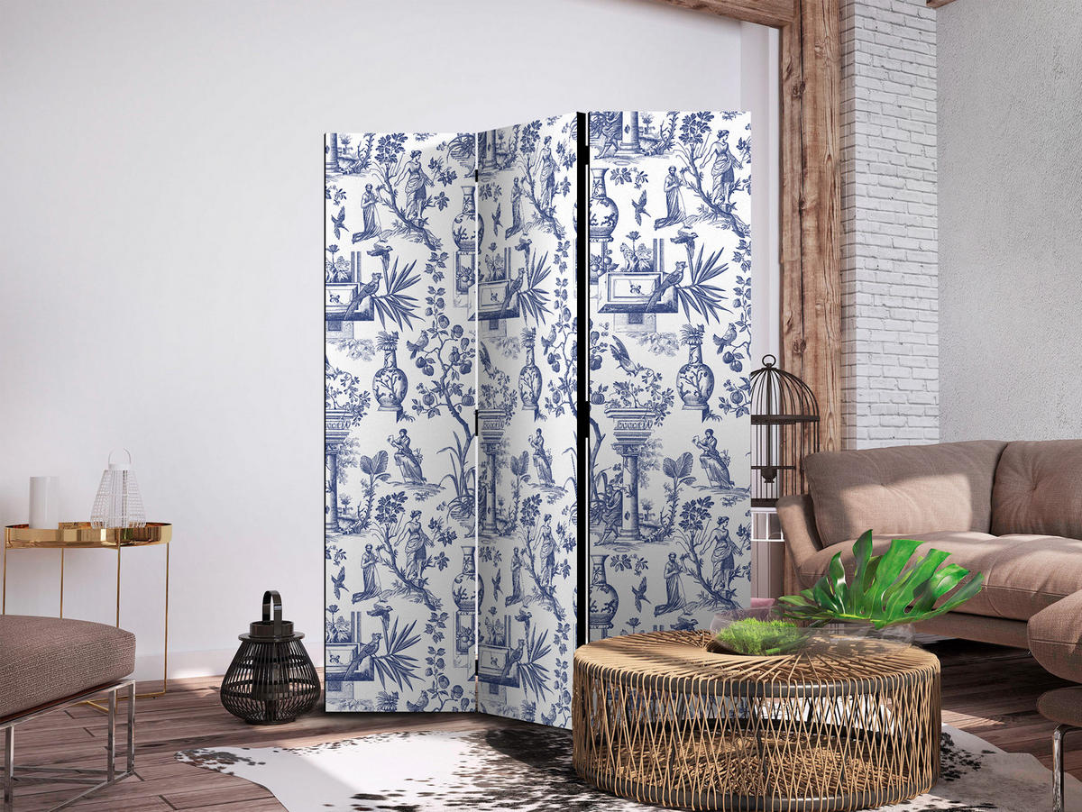PARAVENT Einseitig Bedruckter 3-tlg 135x172 cm Skulpturen Pflanzen Blumen - Blau, Holz/Textil (135/172/3cm) - Muralo