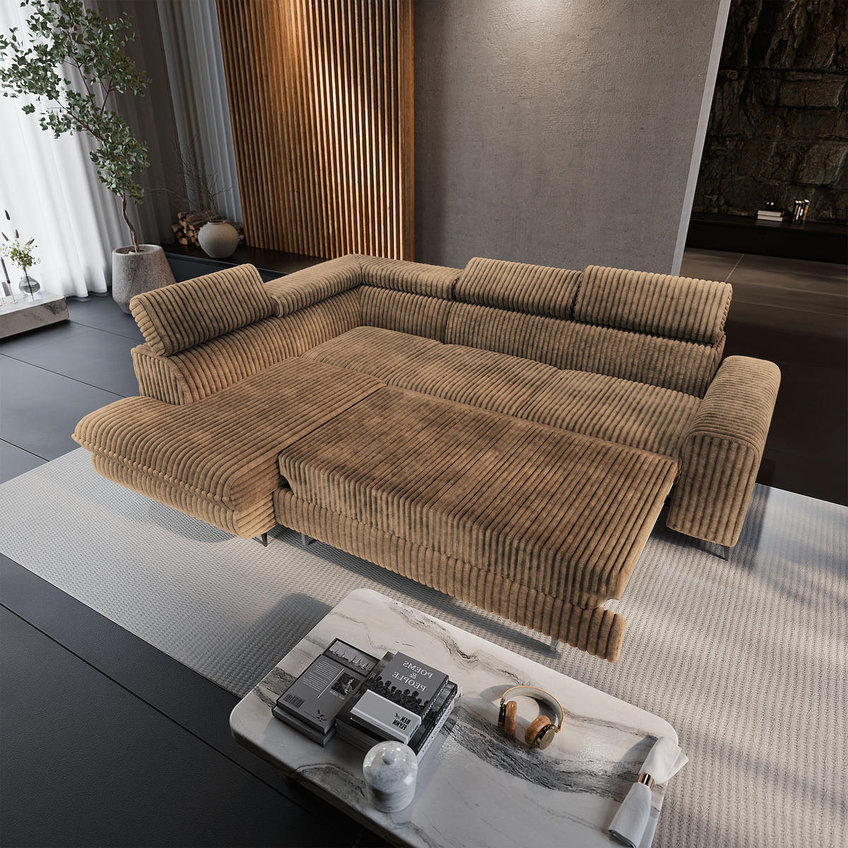 ECKSOFA VELISS Beige Kordstoff mit Schlaffunktion - Beige, Holz (255/193cm) - MASSENO