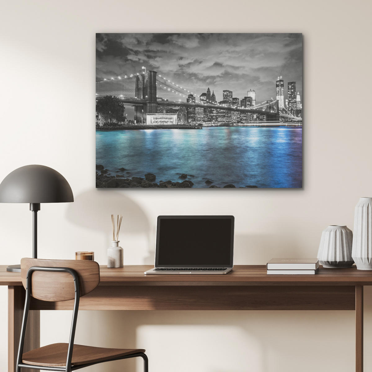 AKUSTIKPANEEL New York - Skyline - Stadt - Blau 80x60 cm - Blaugrau, Textil (80/0.9/60cm) - MuchoWow