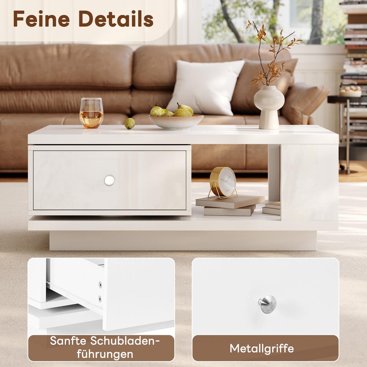 COUCHTISCH mit drehbarer Schublade und offenem Fach - Weiß, Holzwerkstoff (48/90/35cm) - FLIEKS