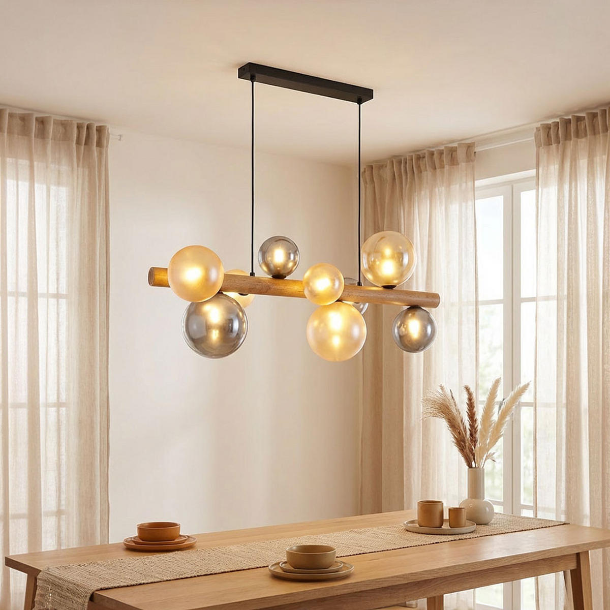 HÄNGELEUCHTE RIHA Metall, braun, 9-flammig - Braun, Holz (78/29/150cm) - Globo Lighting