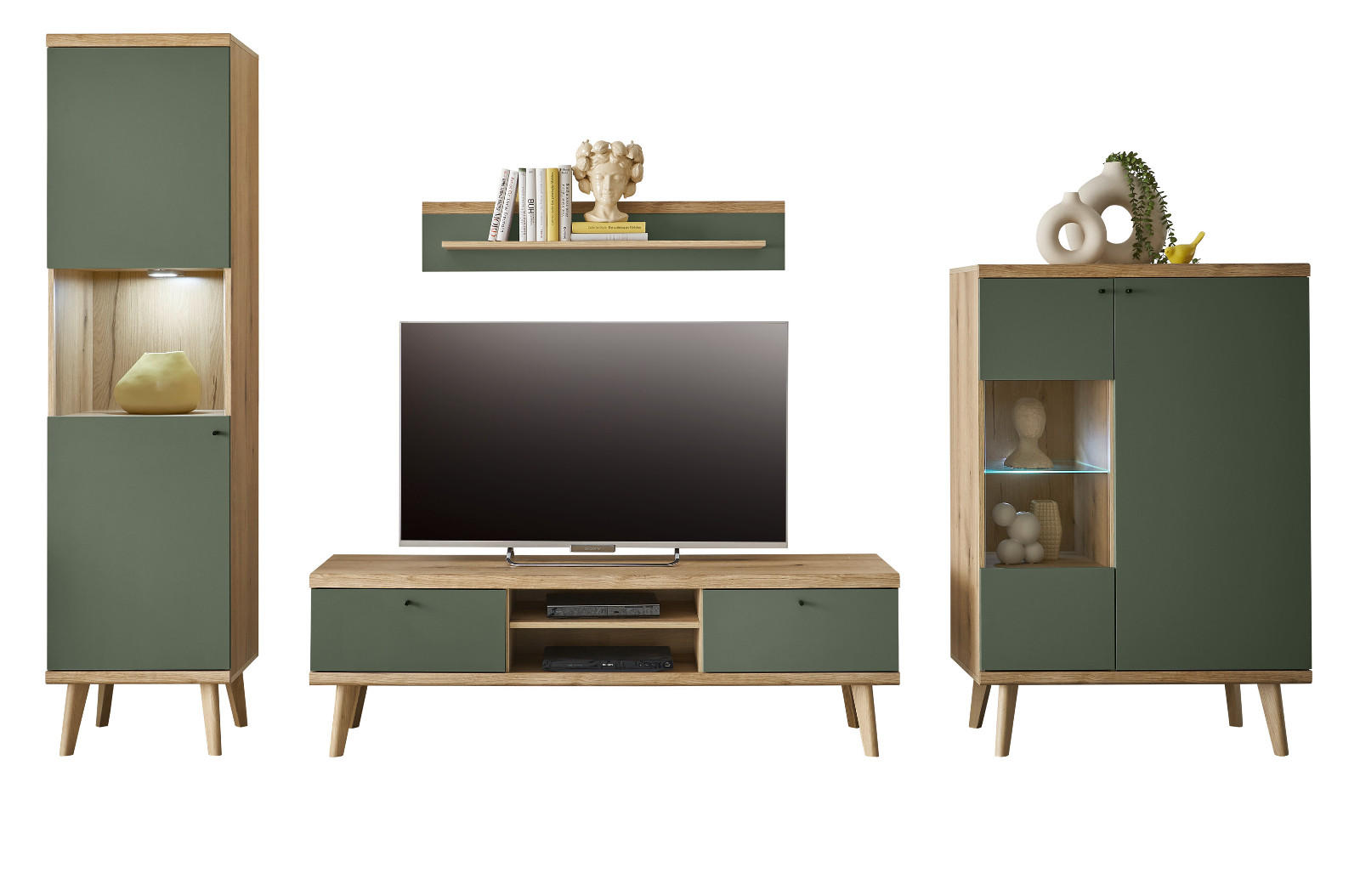WOHNWAND 4-teilig salbei grün, Eiche Evoke, skandinavisch 320 cm, Schrankwand mit Vitrine - Salbeigrün/Eichefarben, Glas/Eichenholz (320/197/40cm) - Furn.Design
