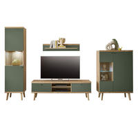 WOHNWAND 4-teilig salbei grün, Eiche Evoke, skandinavisch 320 cm, Schrankwand mit Vitrine - Salbeigrün/Eichefarben, Glas/Eichenholz (320/197/40cm) - Furn.Design