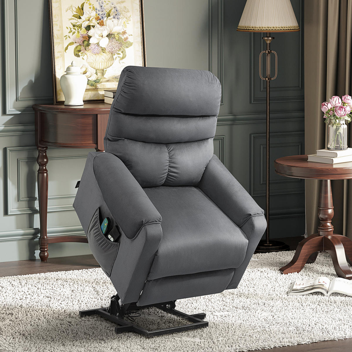 FERNSEHSESSEL Sessel mit Aufstehhilfe mit Massagefunktion Heizung Dunkelgrau - Dunkelgrau/Schwarz, Textil/Metall (97/103/79cm) - HOMCOM