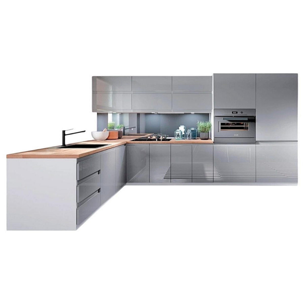 WINKELKÜCHE 300 x 210 cm - Aspen K31- M300 R - in Grau/Hochglanz - Grau, Holz/Holzwerkstoff (300/212/240cm)