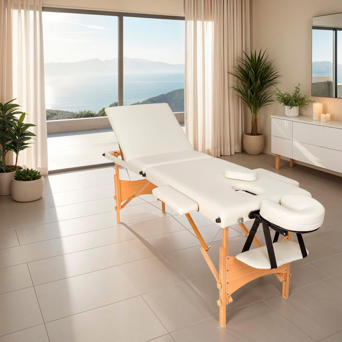 MASSAGELIEGE 3 Zonen Daniel,210 x 95 x 84 cm,beige - Beige, Holz (61/62/185cm) - tectake