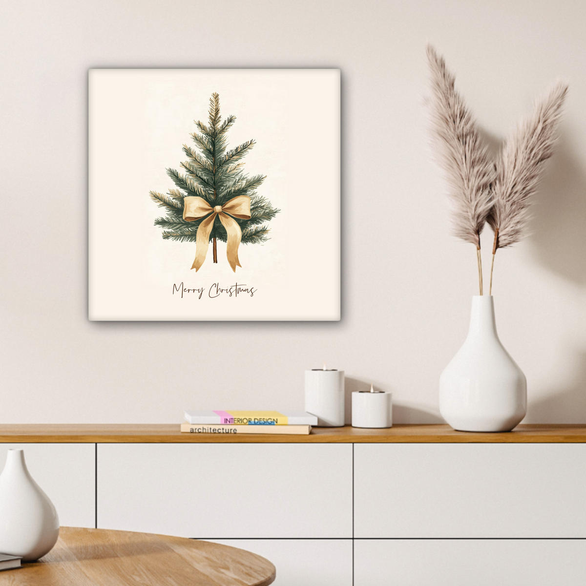 LEINWANDBILD Weihnachtsbaum - Weihnachten - Frohe Weihnachten - Beige Wandbild Wohnzimmer 50x50 cm - Sandfarben, Textil (50/50cm) - MuchoWow