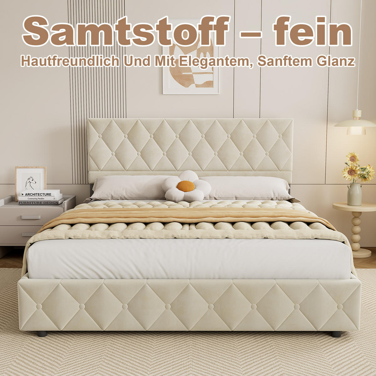 POLSTERBETT 160/200 cm mit Bettkasten in Beige Samt, ohne Matratze - Beige, Holzwerkstoff/Textil (160/200cm) - WISHDOR