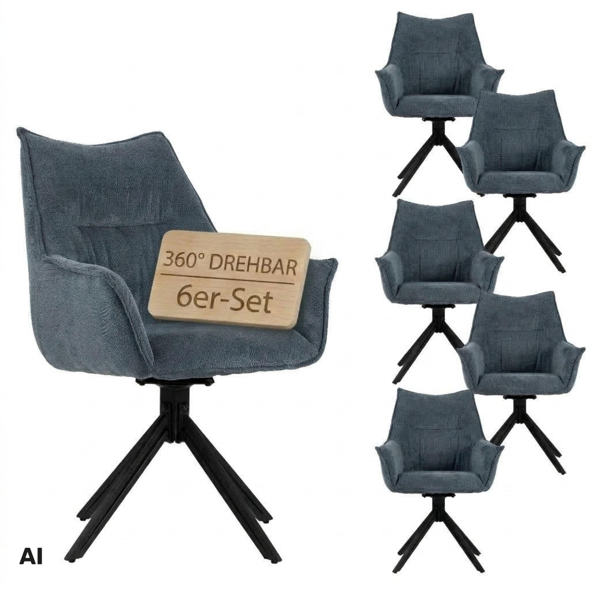 ESSZIMMERSTUHL Ginosa drehbar 6er-Set - Blau/Schwarz, Textil/Metall (62/90/66cm) - Mr. Deko