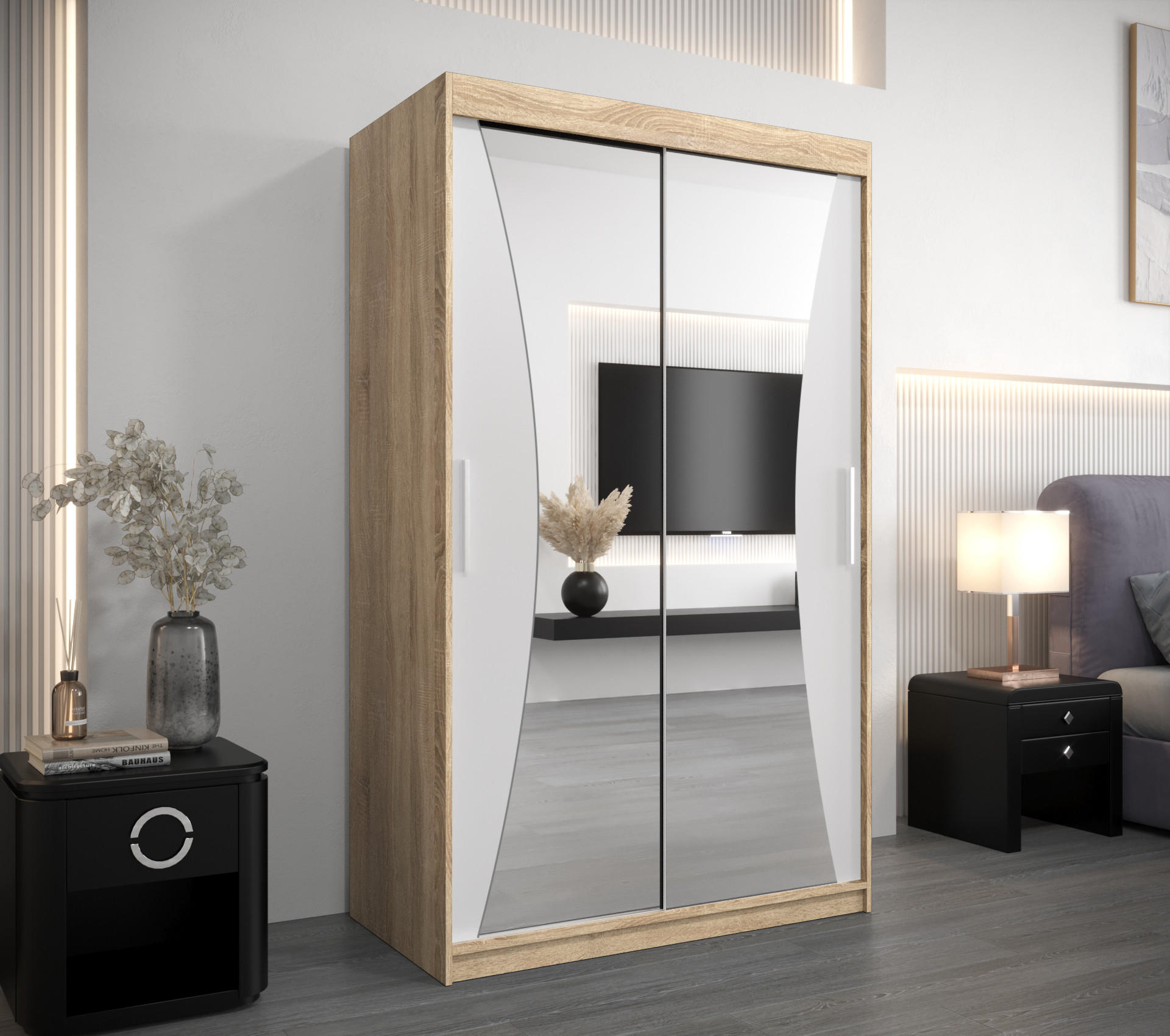 SCHWEBETÜRENSCHRANK 200/120/62 2-türig - Silberfarben/Weiß, Holz/Kunststoff (120/200/62cm) - Abiks Möbel