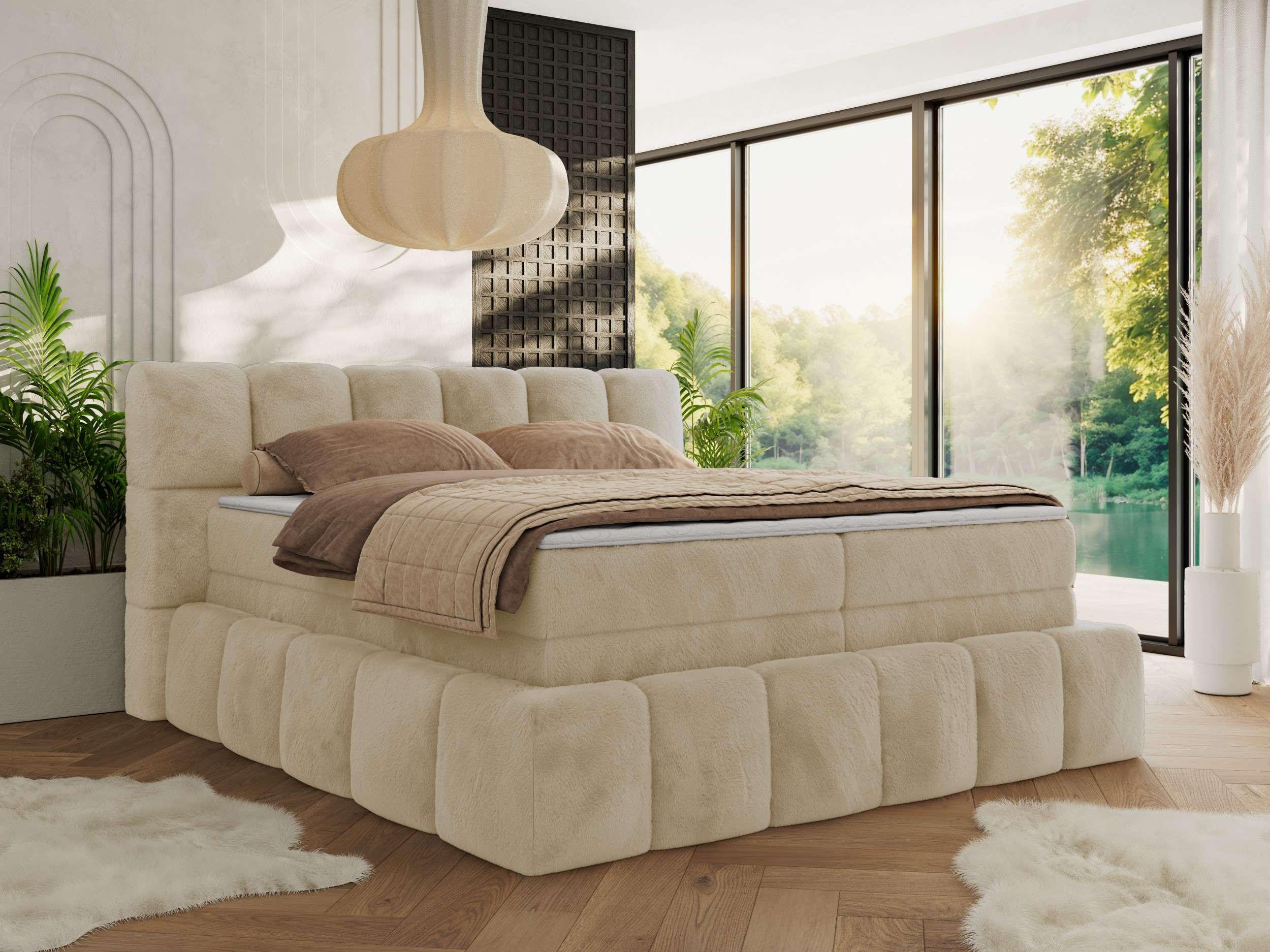 BOXSPRINGBETT NIRA KING 120/200 Creme Plüsch - H4 - Creme, Holz/Textil (120/200cm) - MKS