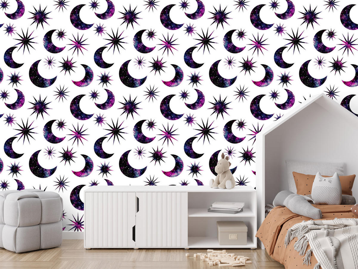 VLIESTAPETE Monde und Sterne – Lila, Schwarz, Weiß – 50x1000 cm - Lila/Schwarz, Papier (50/1000cm) - Muralo