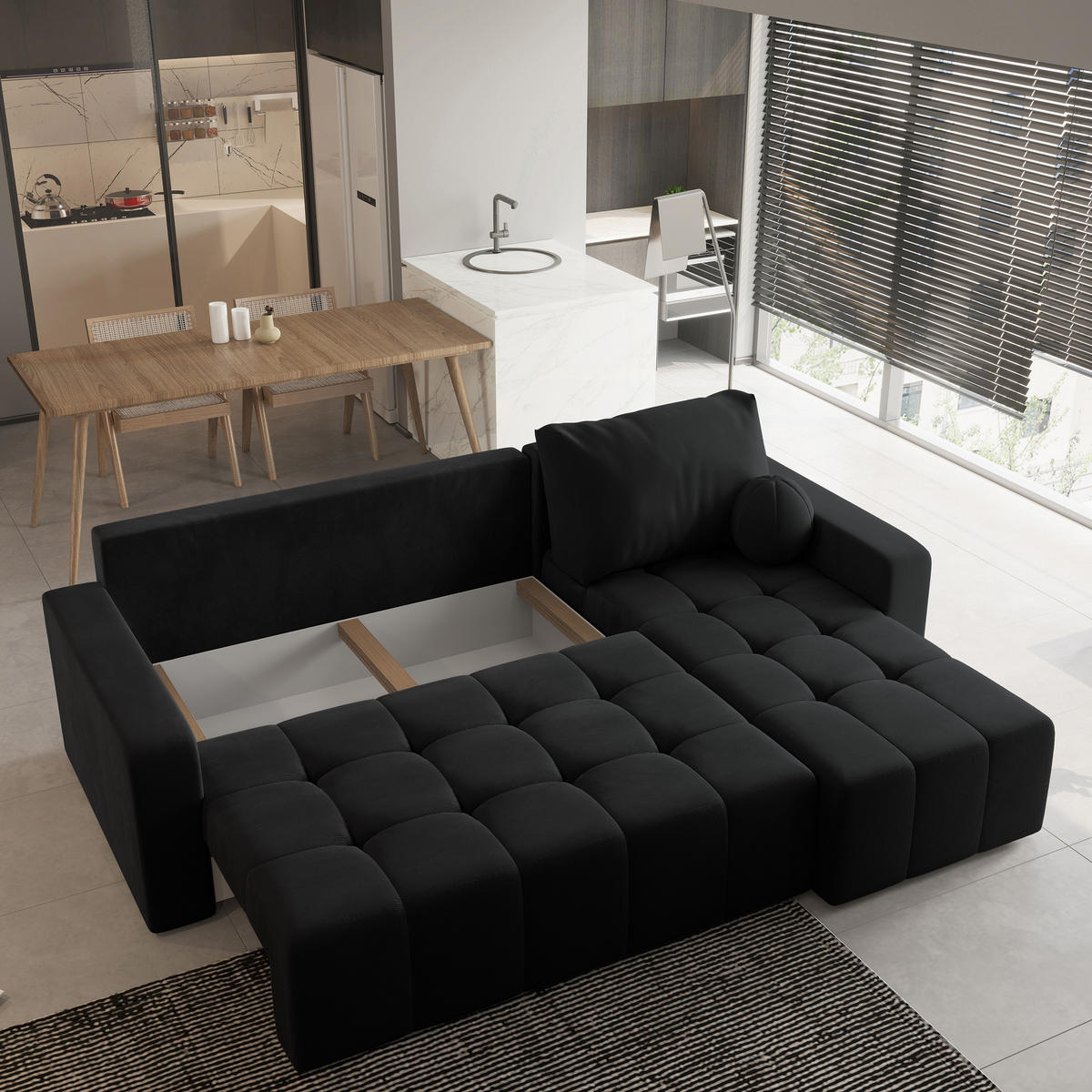 ECKSOFA VOLIRA Schwarz Plüsch-Stoff mit Schlaffunktion - Schwarz, Holz (230/143cm) - MASSENO