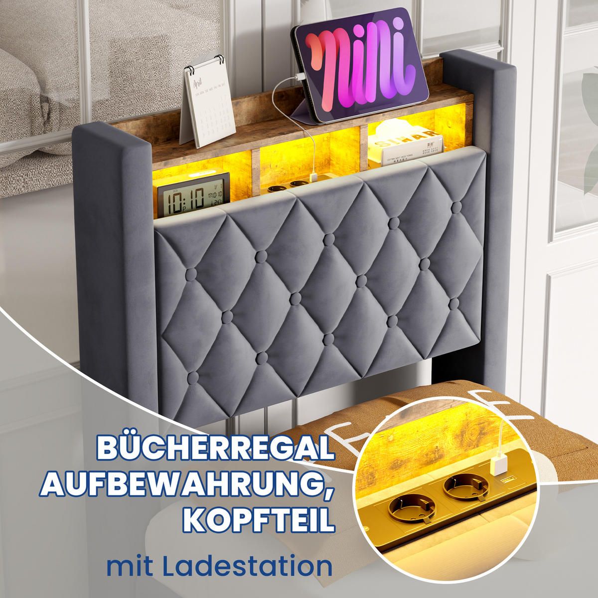 POLSTERBETT 90/200 cm Grau mit LED-Lichtleiste und USB-Anschlüssen - Grau, Holzwerkstoff (90/200cm) - OKWISH