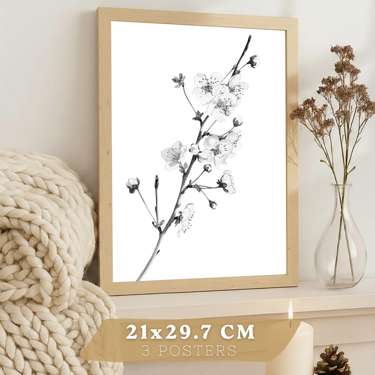 PLAKAT Sada 3 obrázků květin. Dekorativní nástěnné tisky Květiny tužkou. botanický plakát na zeď.Rám z lehkého dřeva velikosti A4 - béžová, papír (29.7/42/3cm)