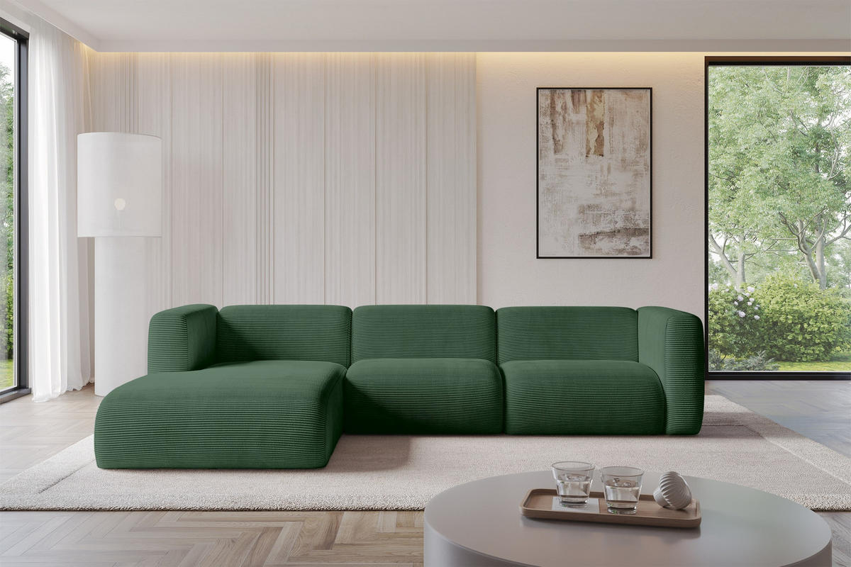 ECKSOFA Ottomane Links MIRA-L2 318x179x89 Grün Cord - Salbeigrün/Schwarz, Holzwerkstoff/Kunststoff (318/179cm) - ALTDECOR