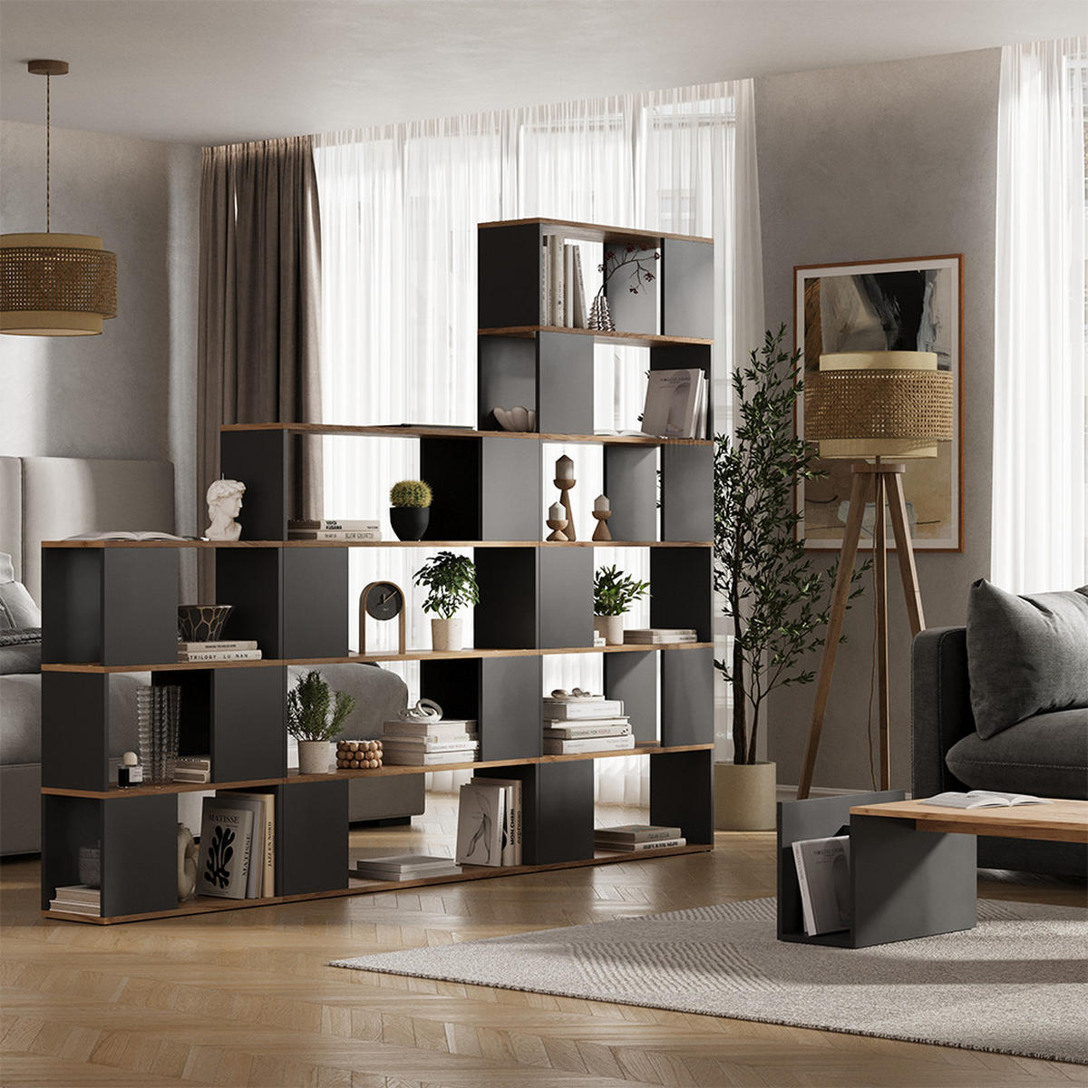 RAUMTEILER Eneos Anthrazit/Goldkraft Eiche 100 x 124.5 cm - Anthrazit/Eiche Wotan, Holzwerkstoff (100/124.5/24cm) - Vicco