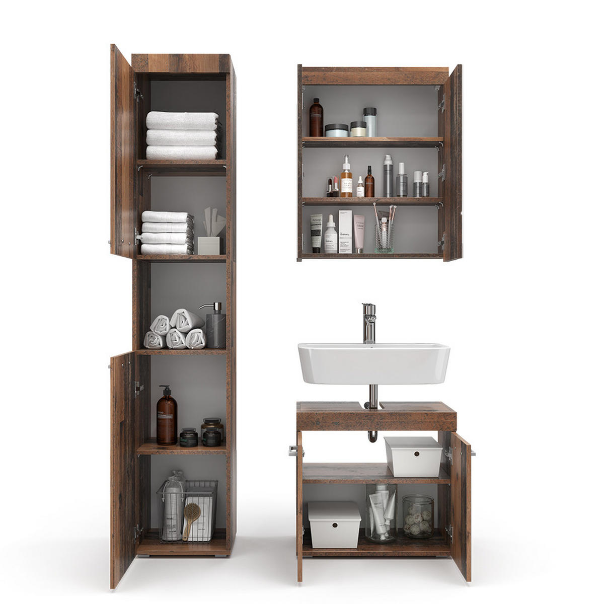 BADMÖBEL-SET Luna Oldstyle 3 Teile, mit Hochschrank - Braun, Holzwerkstoff (60/56/34cm) - Vicco