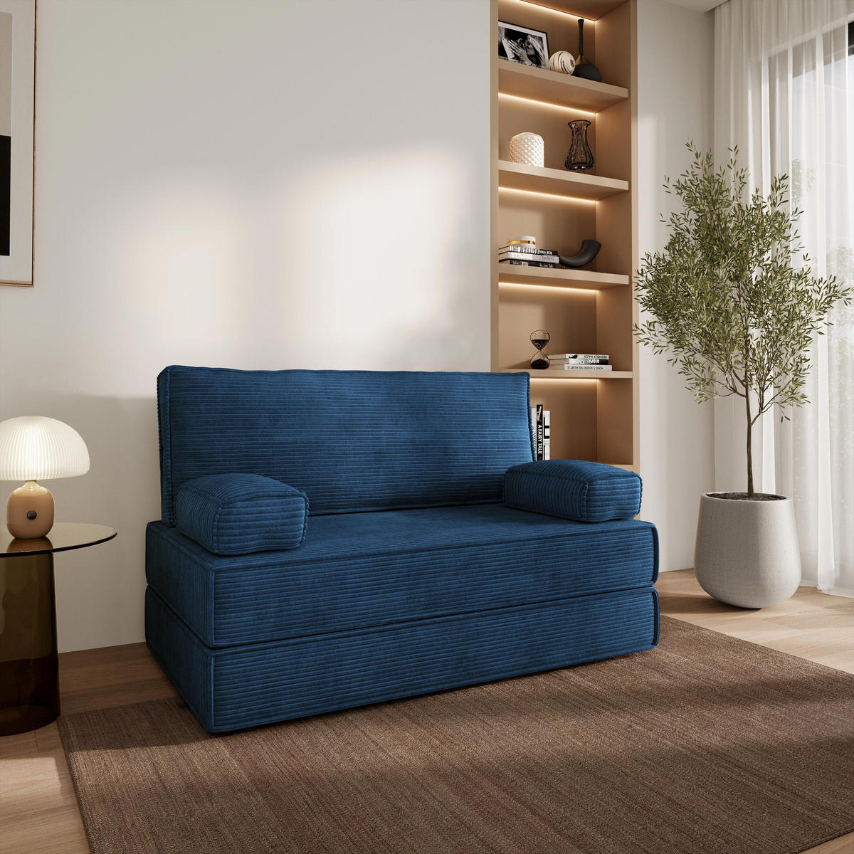 BETTSOFA LADIA aus Schaumstoff Cordstoff Blau Schlaffunktion - Blau, Textil (140/86/60cm) - MASSENO