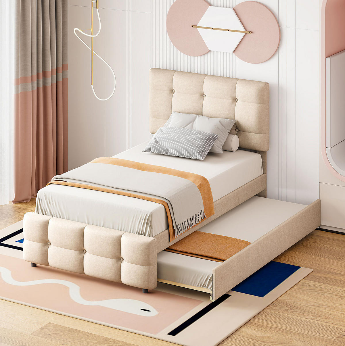 POLSTERBETT 90/200 cm Beige mit Polsterbett und verstellbarem Kopfteil - Beige, Textil (90/200cm) - Flora Grace