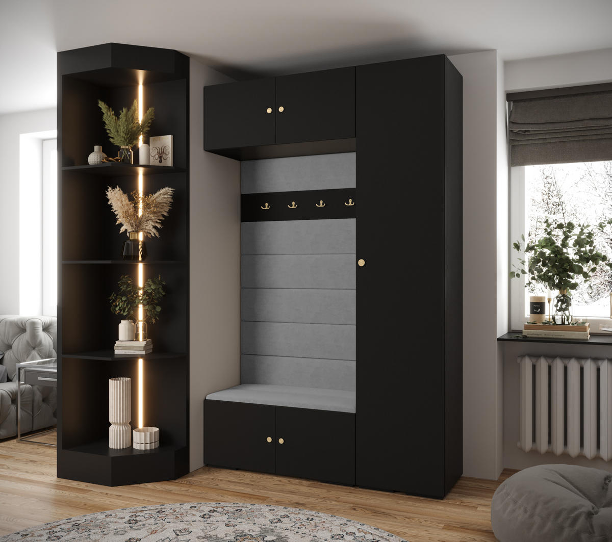 GARDEROBEN-SET 236,7/150/47 - Goldfarben/Schwarz, Holz/Kunststoff (150/236.7/47cm) - Abiks Möbel