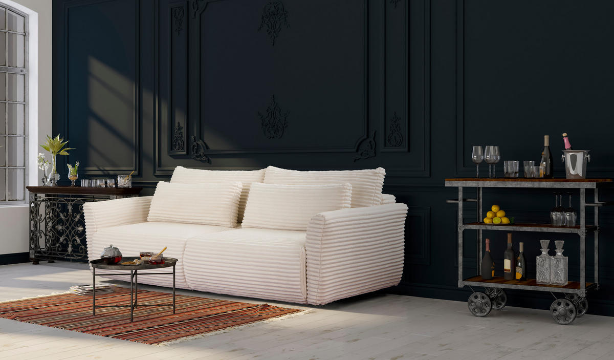 BETTSOFA ILANO Creme Kordstoff mit Schlaffunktion - Creme, Textil (108/92/240cm) - MASSENO