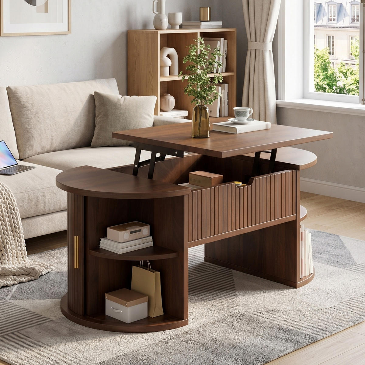 COUCHTISCH Höhenverstellbar Nussbaum mit Schiebetüren & Stauraum - Walnussfarben, Holzwerkstoff (50/100/40.5cm) - Urban Meuble
