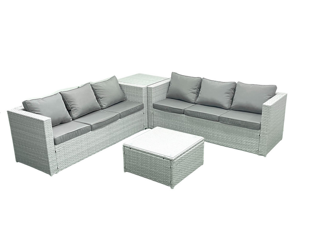 GARTENMÖBEL-SET mit Kissen Polyrattan Hellgrau-Mix 6-Sitzer - Hellgrau/Grau, Glas/Kunststoff - Fimous