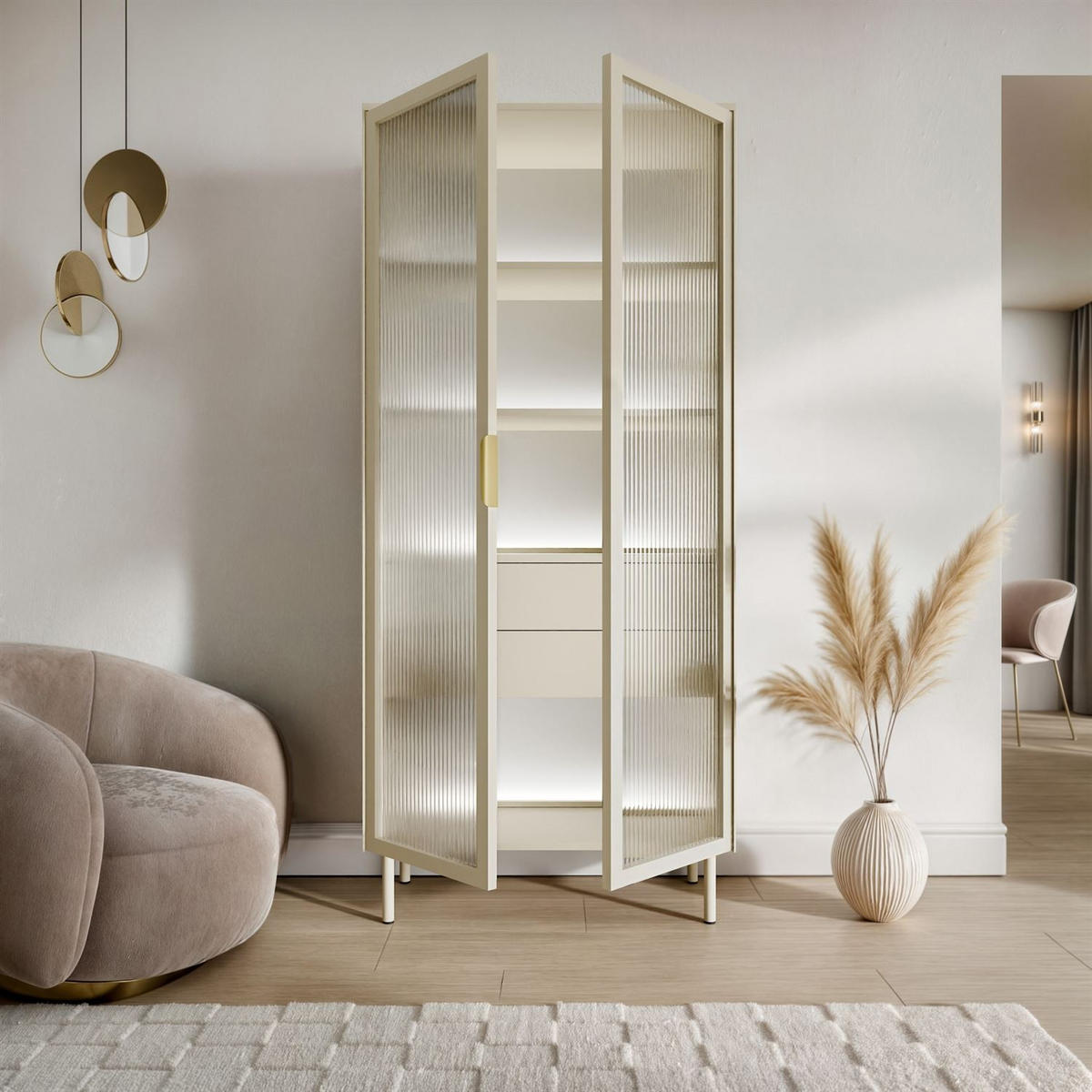 VITRINE LINEA mit LED-Beleuchtung Kaschmir - Kaschmir, Holzwerkstoff (82/195/39cm) - Lookway