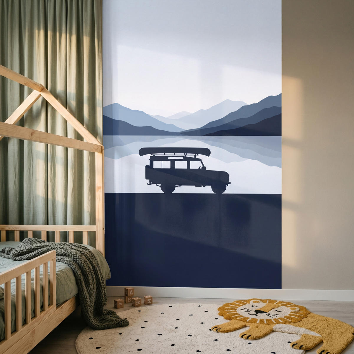 KINDERTAPETE - Auto - See - Berge - Blau - 140x200 cm - Blaugrau, Papier (140/200cm) - OnlyWow