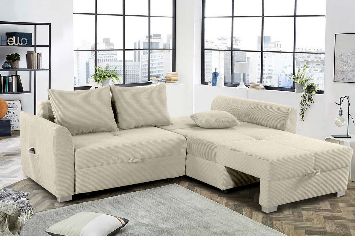 ECKSOFA mit Schlaffunktion und Bettkasten, seitenverkehrt montierbar B236/T160/H81 cm, Liegefl. 142x202 cm, Cord Grau Beige / 15201 - Chromfarben/Greige, Kunststoff/Textil (236/160cm) - luma-home