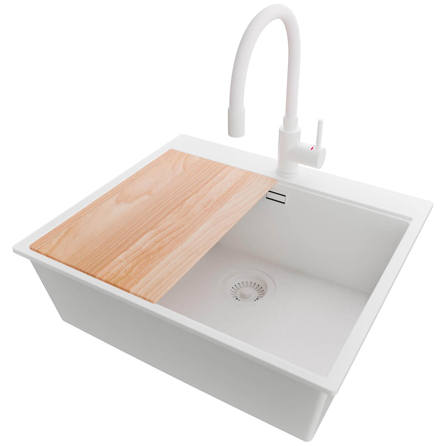 GRANITSPÜLE Oslo, 2-er set Alles Weiß 58/50 cm 1 Becken + Küchenarmatur 38/14 cm + Ablauf-Set + Schneidebrett ab 60er Unterschrank - Beige/Weiß, Kunststoff (58/20/50cm) - Primagran