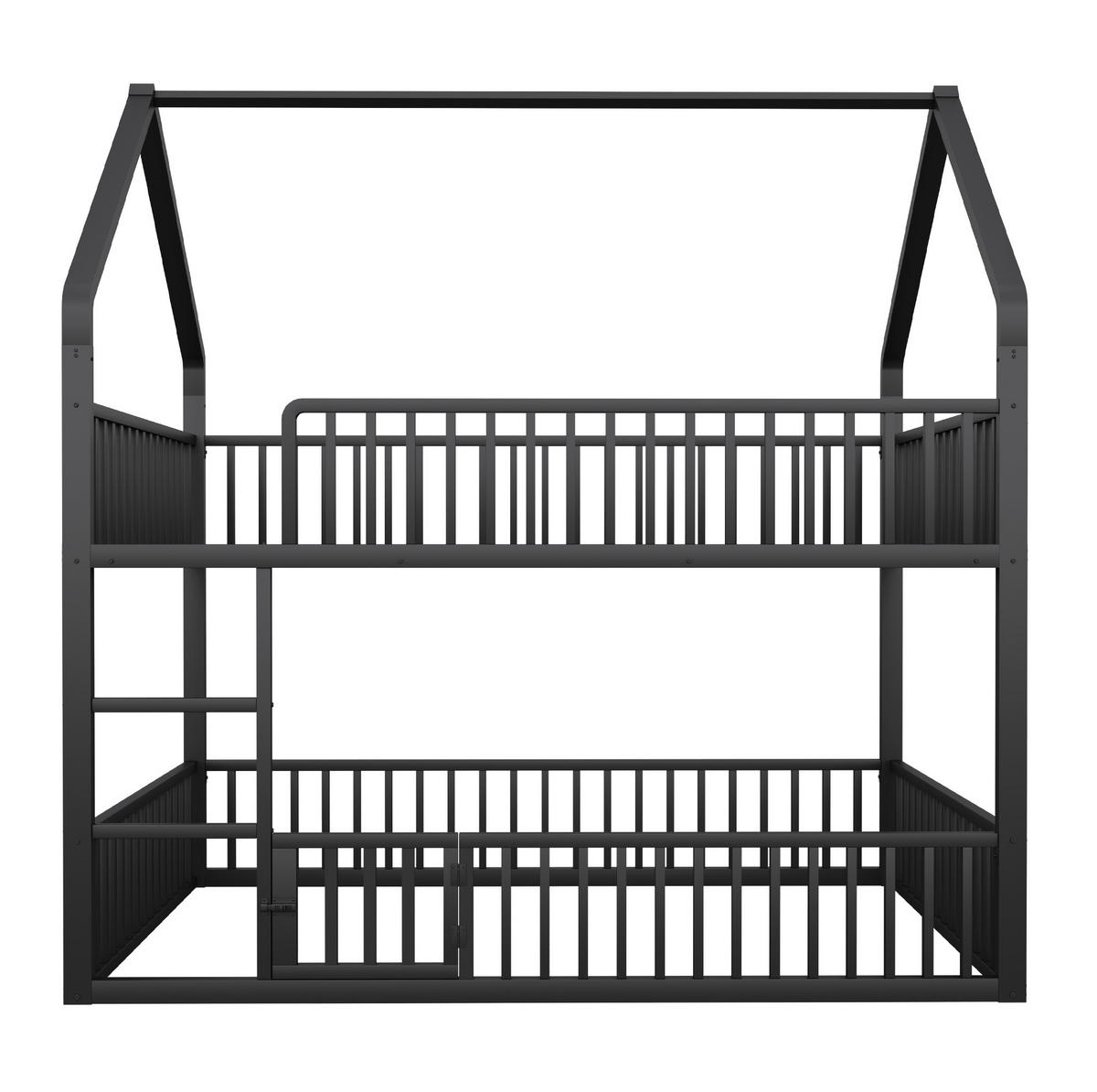 ETAGENBETT aus Metall 140x200 cm Schwarz mit Hausrahmen, Frontleiter und Sicherheitsgeländern - Schwarz, Metall (140/200cm) - Modfu