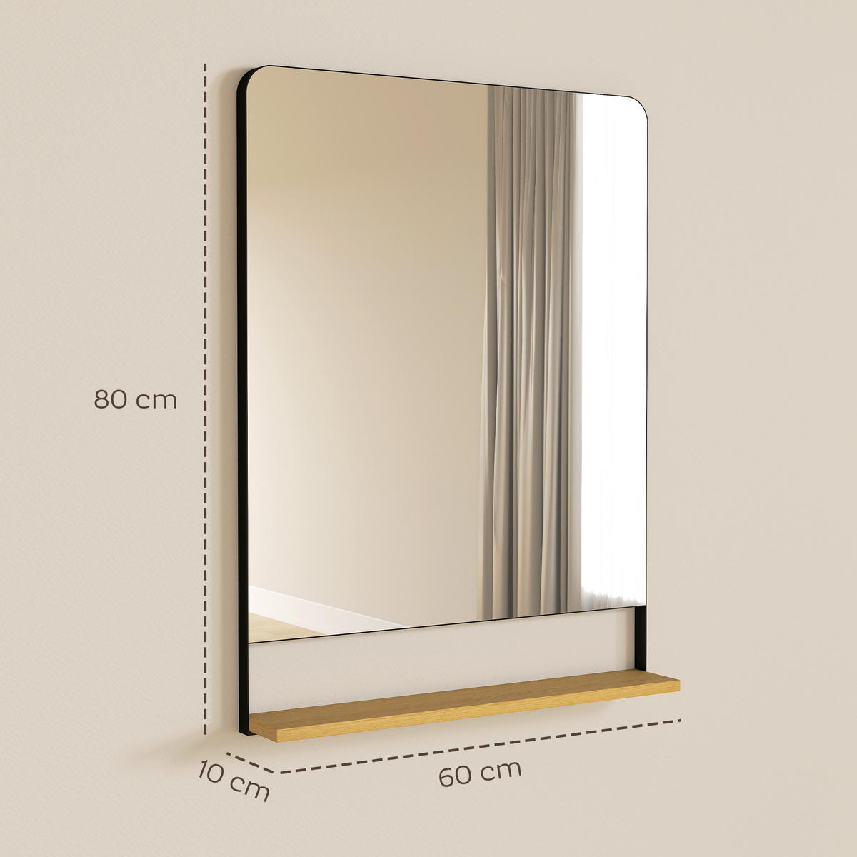 WANDSPIEGEL DE-14360 mit Holzablage, Metallrahmen Schwarz - Schwarz, Glas (80/10/60cm) - ComfortXL